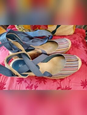 Michelle D Striped Canvas Espadrille Lace Up Wedges